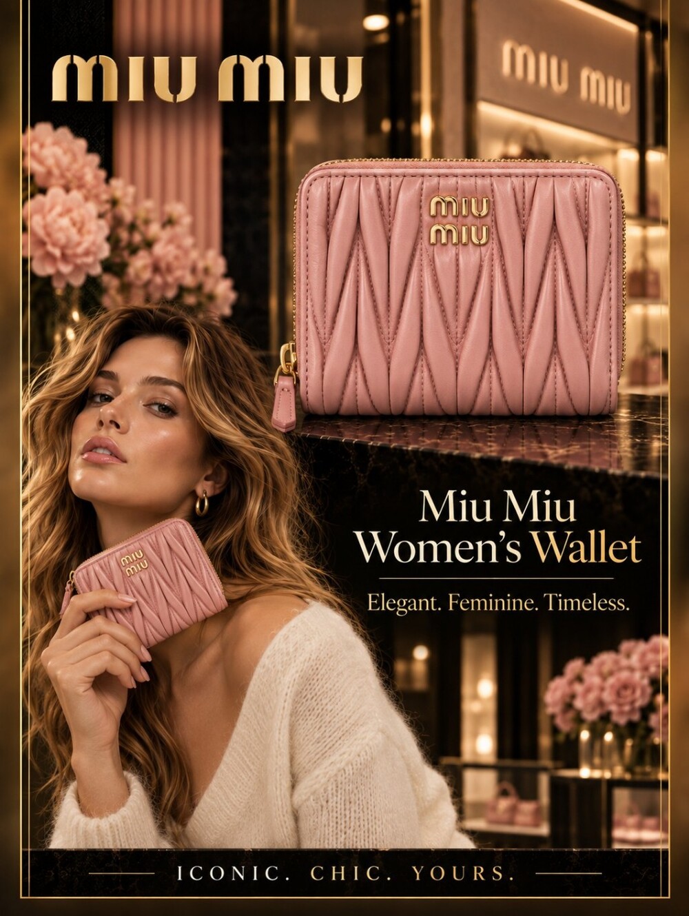 New🔥 !Miu Miu Pink Matelassé Leather Zip-Around Wallet